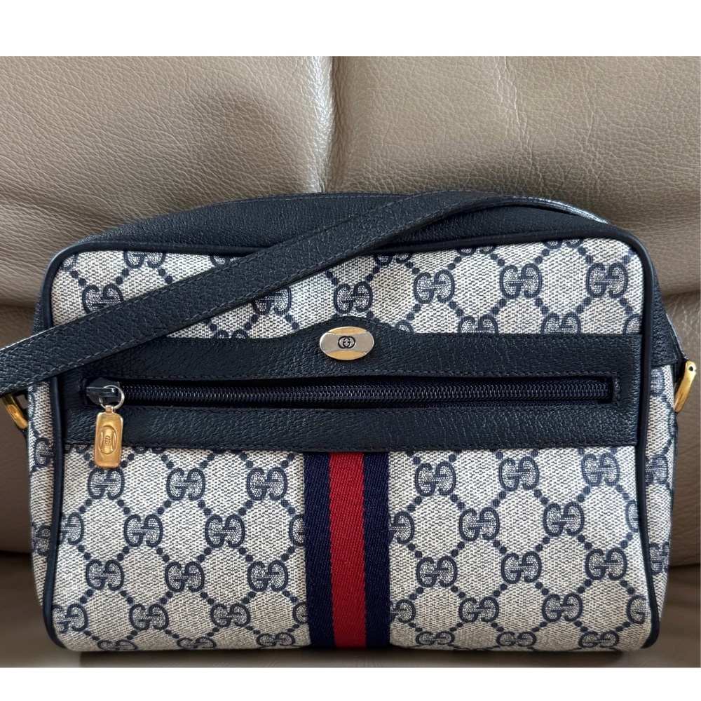 Certified Authentic Vintage Gucci Web Monogram Leather Crossbody Camera Bag, COA